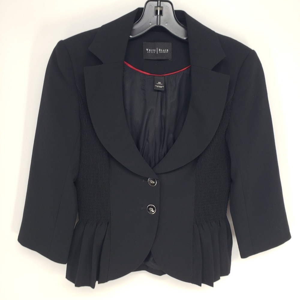 White House Black Market Peplum Blazer Womens 00 Black Smocked 3/4 Sleeve Jacket